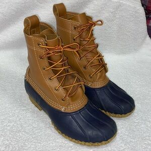 LL BEAN Classic Brown Leather blue Rubber 6” Duck Boots 212880 women’s sz 6m